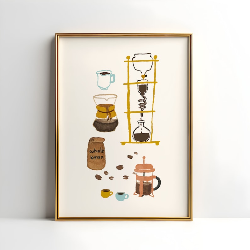 May include: A framed illustration of different coffee brewing methods, including a pour-over coffee maker, a French press, and a cold brew coffee maker. The illustration is done in a colorful, hand-painted style with a white background. The text "whole bean" is visible on a brown bag.