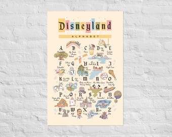 Lámina artística del alfabeto de Disneyland – Póster vintage del parque temático, arte mural del abecedario de Disney, decoración de viaje nostálgica para niños y fans, idea de regalo única