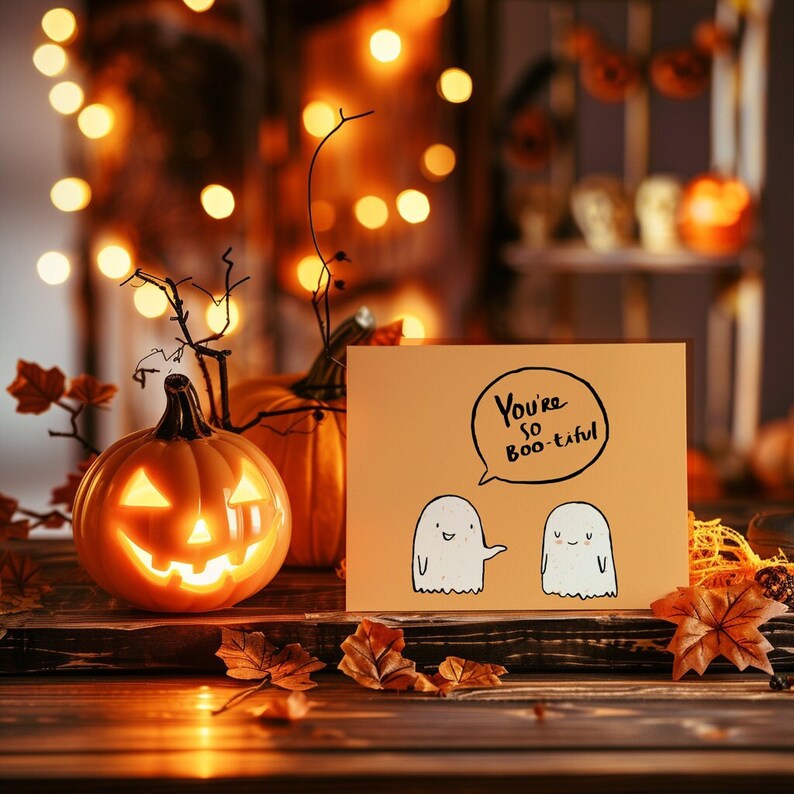 Op de afbeelding: Een Halloween-kaart met een griezelige boodschap die "You're so Boo-tiful" luidt. De kaart toont twee vriendelijke geesten met glimlachende gezichten. De kaart ligt op een tafel met een verlichte jack-o-lantern en herfstbladeren.