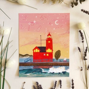 Big Red Lighthouse Art Print - holland michigan harbor lighthouse coast sunset