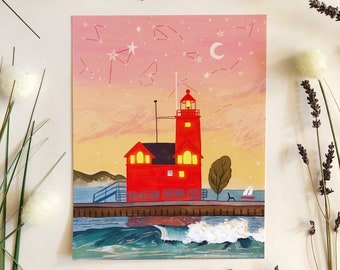 Reproduction d'art du phare Big Red - Phare du port de Holland, Michigan, coucher de soleil sur la côte