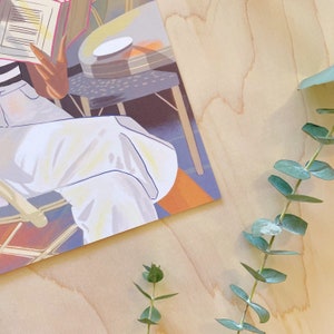 May include: A colorful illustration of a person sitting in a chair reading a book. The person is wearing white pants and a striped shirt. The chair is made of woven wood and has a blue cushion. The background is a blue and orange abstract design.