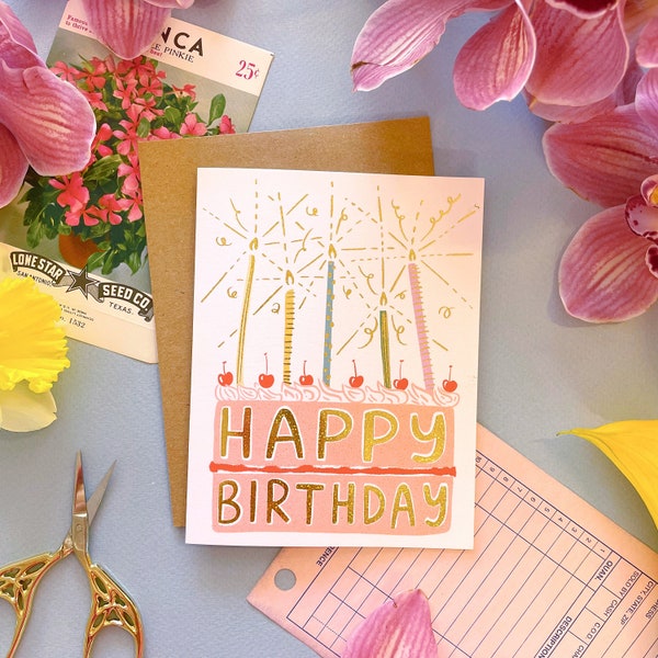 Candles Happy Birthday Greeting Card - A2 4.25"x5.5" - cake greeting card birthday gift cute birthday card candles birthday card gold foil