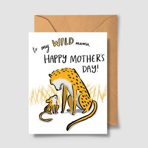 Tarjeta de felicitación para el Día de la Madre Wild Mama - A2 4,25" x 5,5" - Tarjeta de felicitación con diseño de leopardo, tarjeta para mamá y bebé, tarjeta de vida salvaje, día de la madre único
