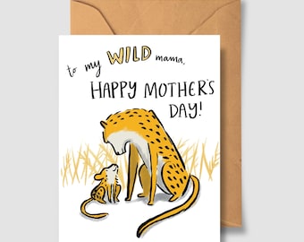 Wilde mama Moederdagwenskaart - A2 4,25 "x 5,5" - Leopard-wenskaart mama en baby dierenkaart wildlife kaart unieke Moederdag
