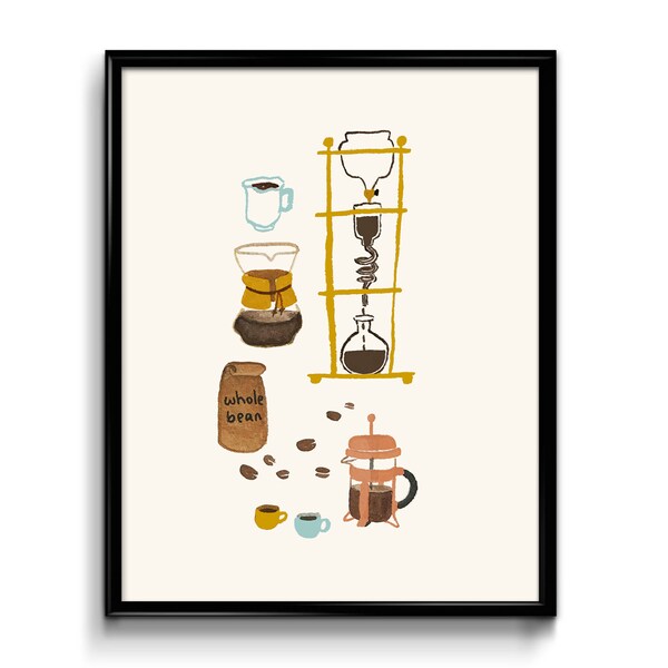 Coffee Art Print 8x10 - cafe whole bean siphon pour over chemex illustration decor coffee lover gift poster decor decoration