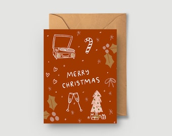 Rust Merry Christmas Greeting Card - A2 4.25"x5.5" - Illustration record player candy cane christmas tree