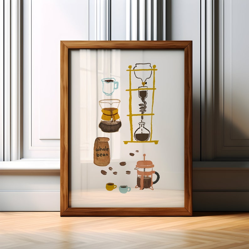 May include: A framed illustration of different coffee brewing methods, including a pour-over coffee maker, a French press, and a bag of whole coffee beans. The illustration is done in a watercolor style with a light background.
