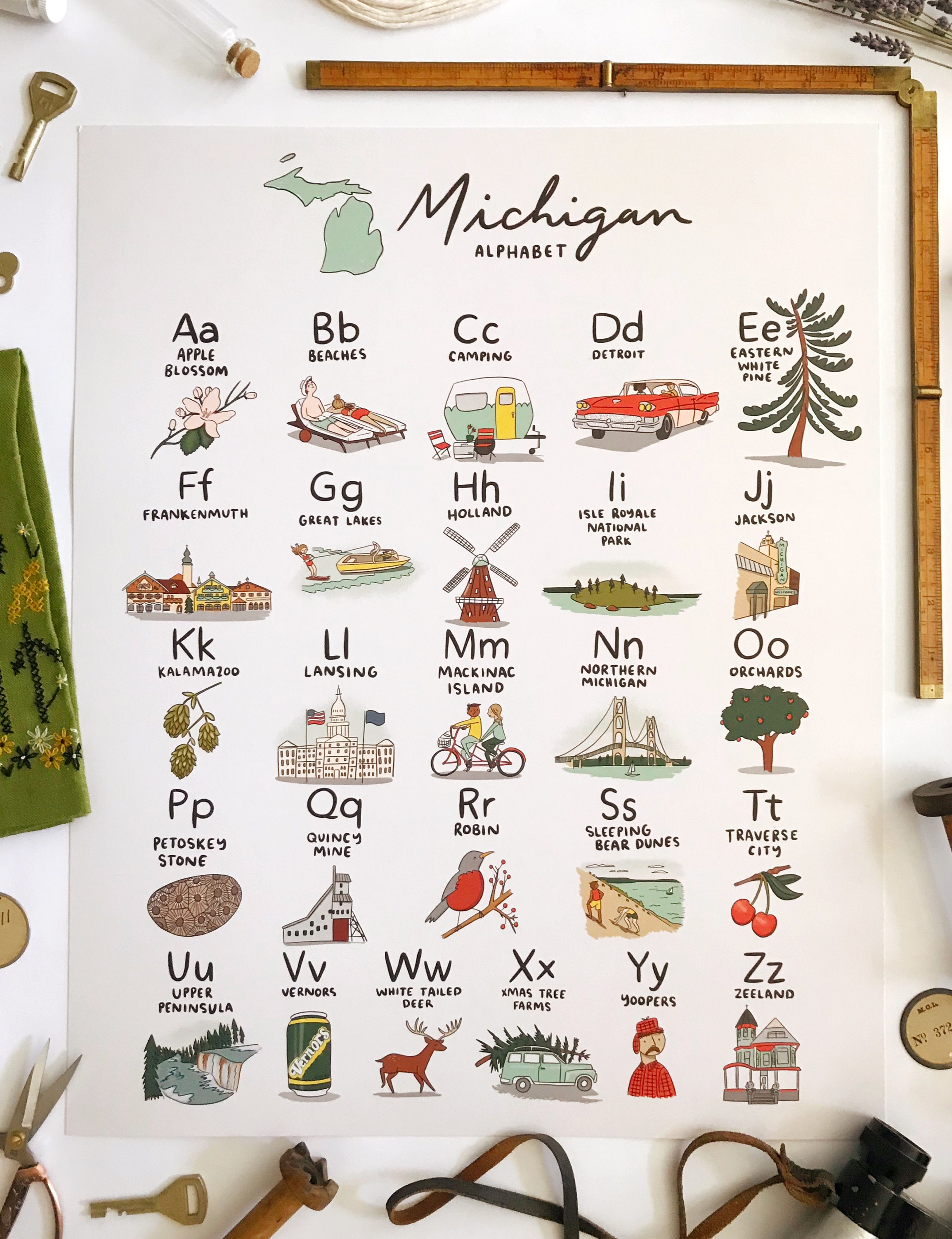 Michigan Alphabet Poster 16x20 - MI Art Print grand rapids detroit ka…