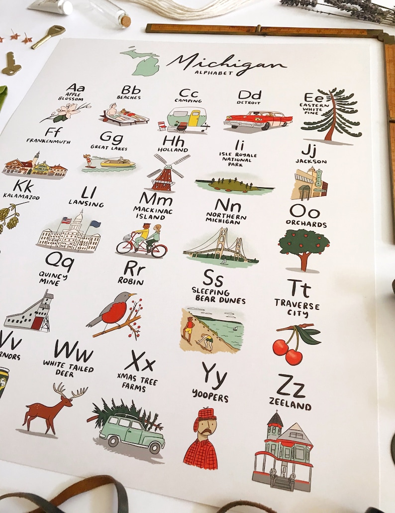 Michigan Alphabet Art Print Poster Michigan Nursery Michigan Baby