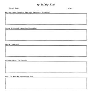 May include: A printable safety plan worksheet with sections for warning signs, coping skills, people to call, professionals to contact, how to make surroundings safe, and what is most important to live for. It includes the Suicide Prevention Lifeline number: 1-800-273-8255.