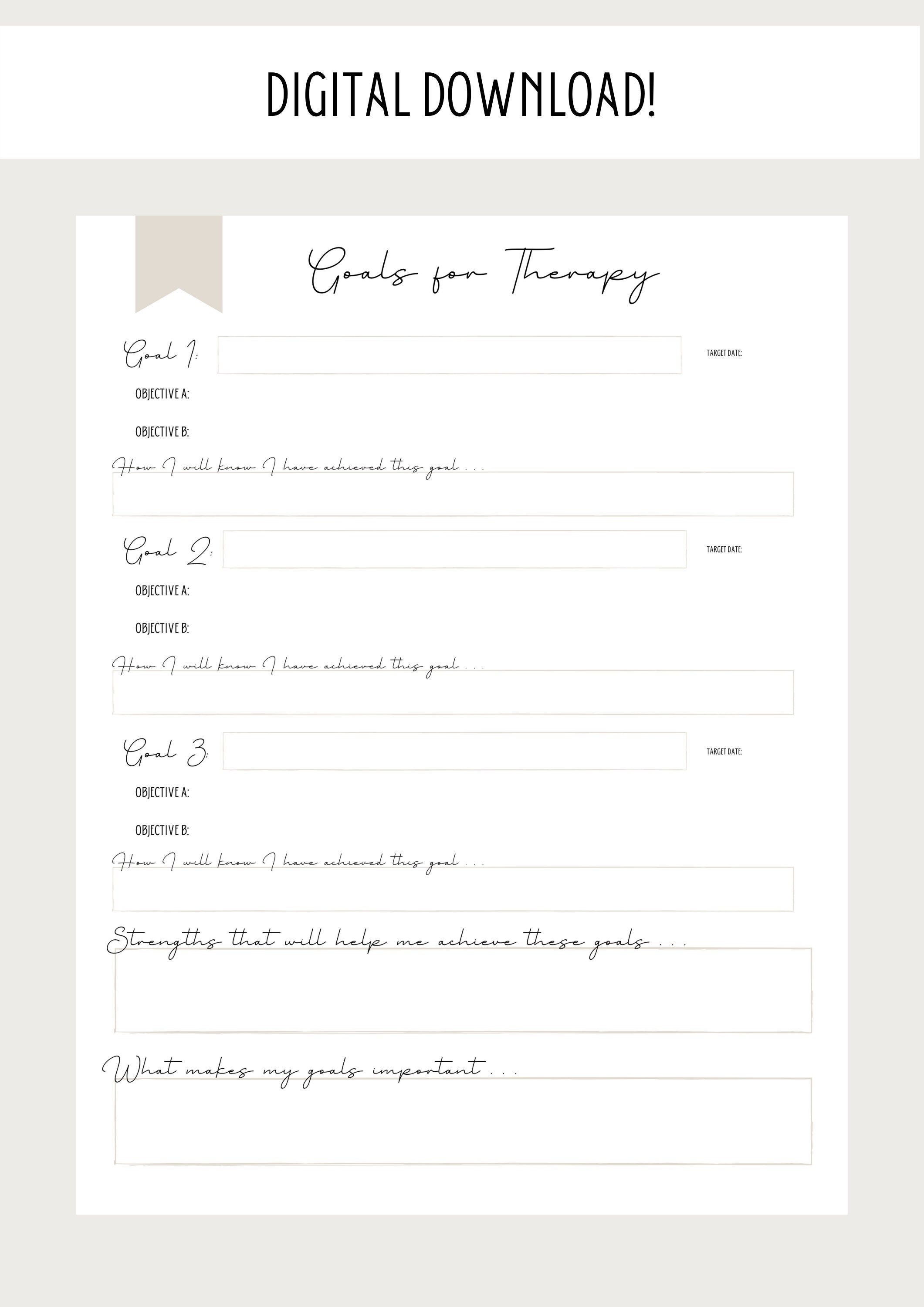 Goals for Therapy Worksheet PDF Download Digital Download - Etsy