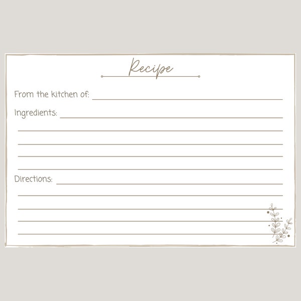 Simple Clean Recipe Card Digital PDF Download Neutral Basic Aesthetic 4x6 inch Printable Boho Style