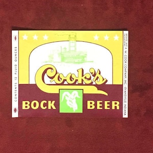 Vintage Cook&#39;s Bock Beer Bottle Label - F.W. Cook Company Inc. Evansville Indiana