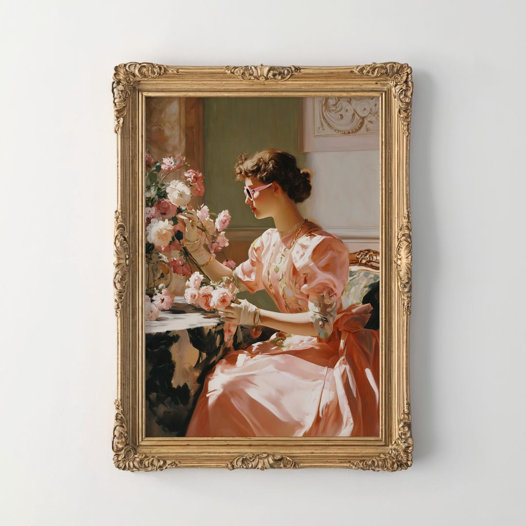 Victorian Lady With Roses Wall Art Print, Romantic Pink Dress Painting ...