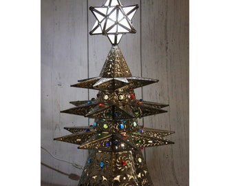 Christmas Tree Light Rustic Decor Punched Tin Metal in 26" height.