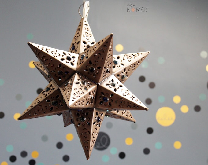 Dark Bronze Moravian Metal Pierced Star Pendant Light Fixture with colorful glass marbles