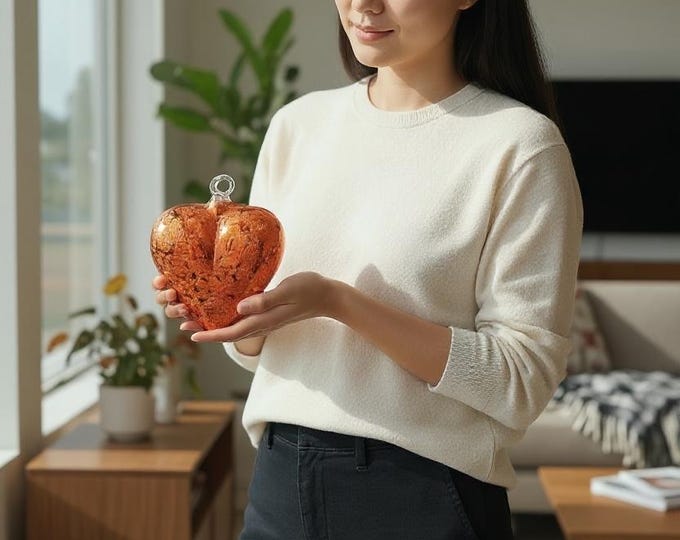 Glass Hearts with Orange Metal Foil, Hand Blown Glass Technique