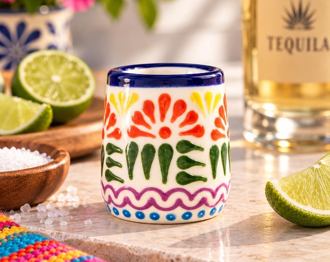 Ceramic Talavera Tequila Short Shot Glass / Multicolored Confetti Mexican drinkware by Latin Nomad