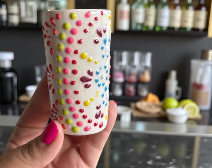 Ceramic Tequila Shot Glass in Mandala Multicolor, Glassware and Kitchenware by Latin Nomad.
