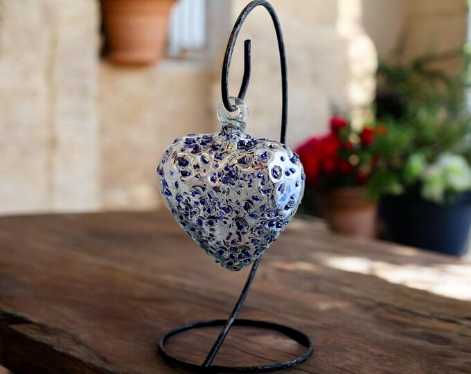3D Hand Blown Glass Heart & Blue Dots Texture with Iron Vase Stand