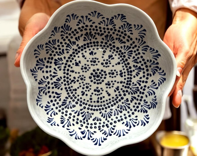 Scalloped Blue Mandala Pattern Ceramic Talavera Serving Platter Kitchenware Pottery