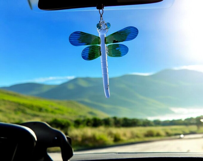 Dragonfly handblown glass art, Mexican handcrafted figurines and ornaments. Rear-view mirror car accessories