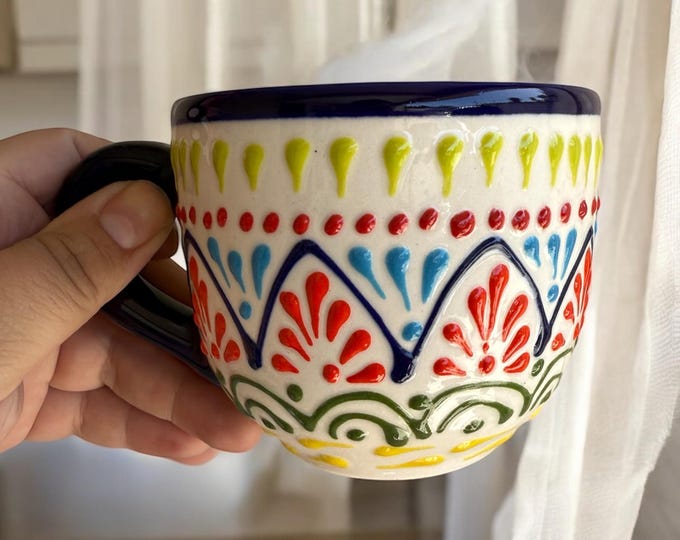 2 pcs White and Blue Ceramic Talavera Coffee Mug / Traditional Mexican Kitchenware and Utensils by Latin Nomad.