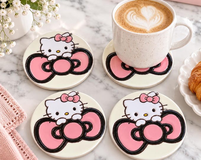 Bow Hello Kitty Inspired Terracotta Coaster Set  / Traditional Mexican Kitchenware and Utensils by Latin Nomad.