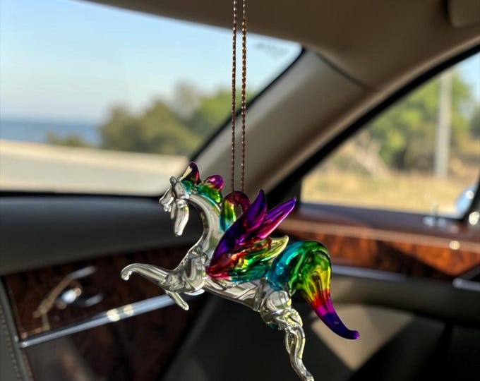 Rainbow Pegasus handblown glass art, rear-view mirror car accessories