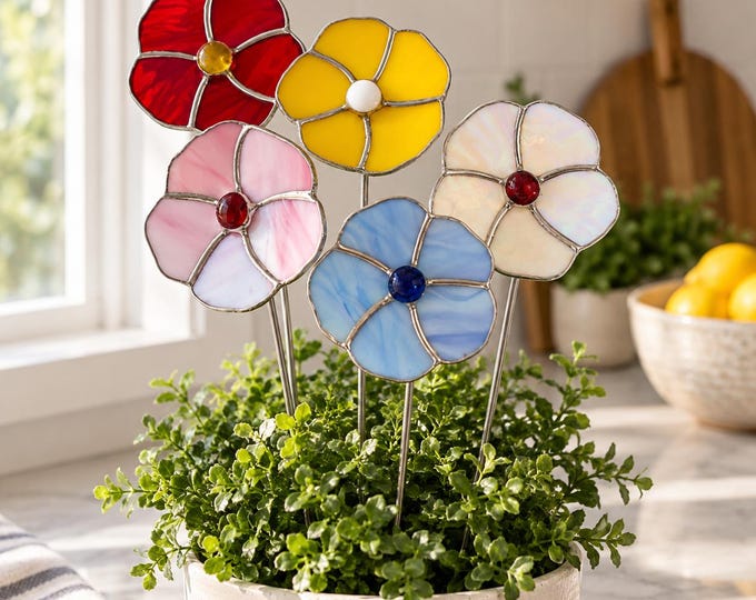 3D Poppy Flower Stained Glass Plant Stake
