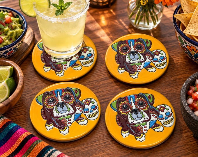 Dog Skeleton Terracotta Coaster Set  / Day of the Dead / Traditional Mexican Kitchenware and Utensils by Latin Nomad.