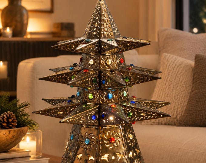 Christmas Tree Light Rustic Decor Punched Tin Metal in 26" height.