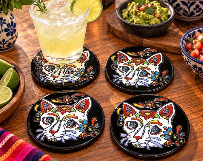 Skull Cat Terracotta Coaster Set  / Daynofnthe Dead - Dia de Muertos / Traditional Mexican Kitchenware and Utensils by Latin Nomad.