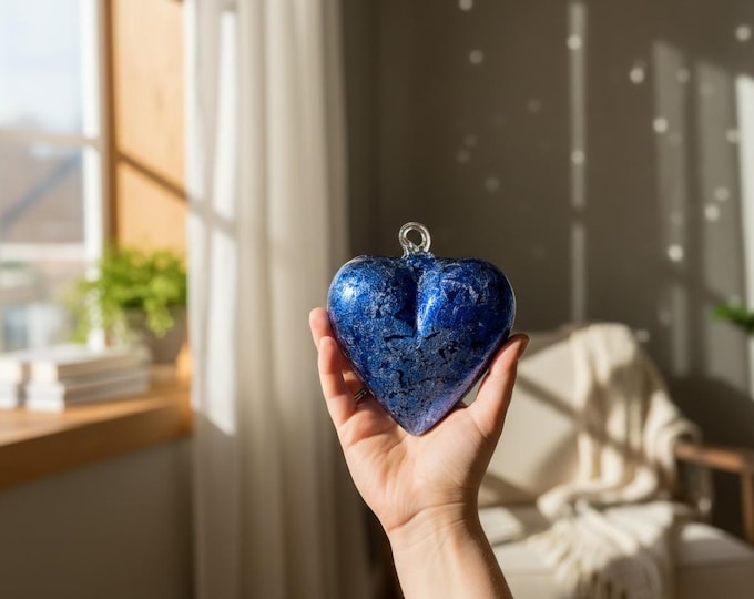 Glass Hearts with Blue Metal Foil, Hand Blown Glass Technique