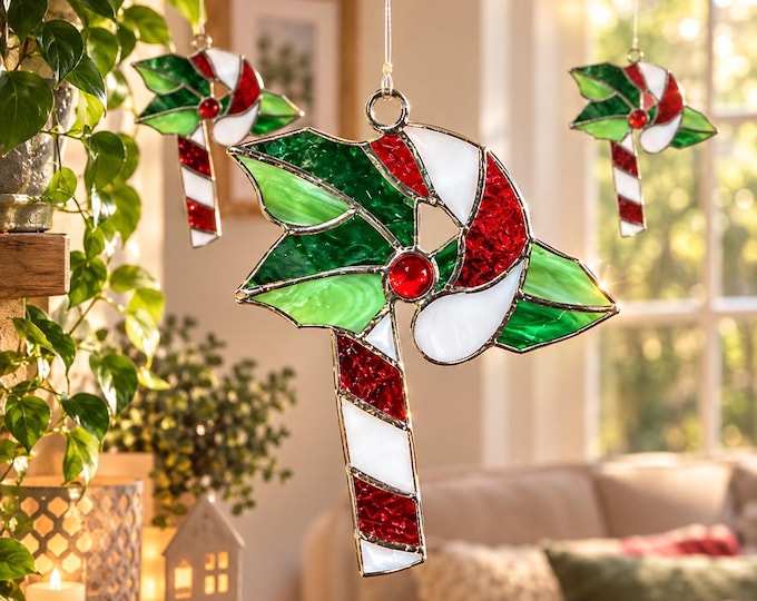 Candy Cane and Mistletoe Christmas Stained Glass Window Suncatcher