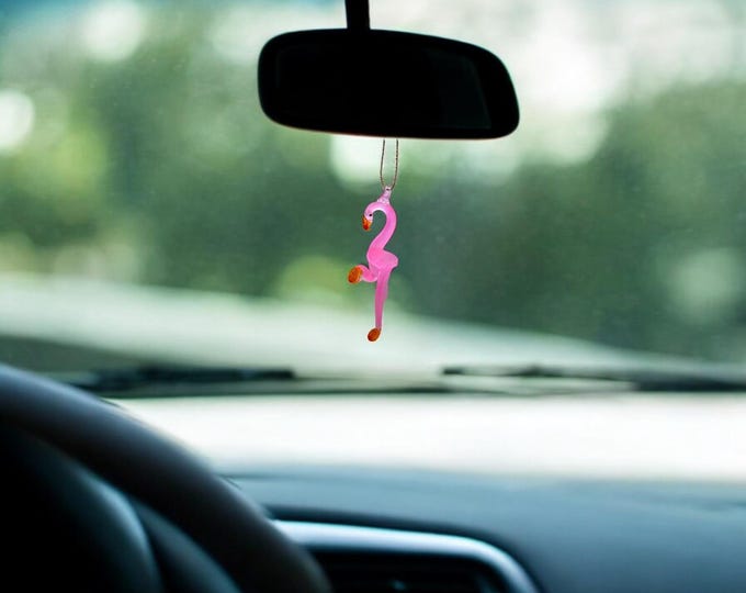 Pink Flamingo handblown glass art, rear-view mirror car accessories