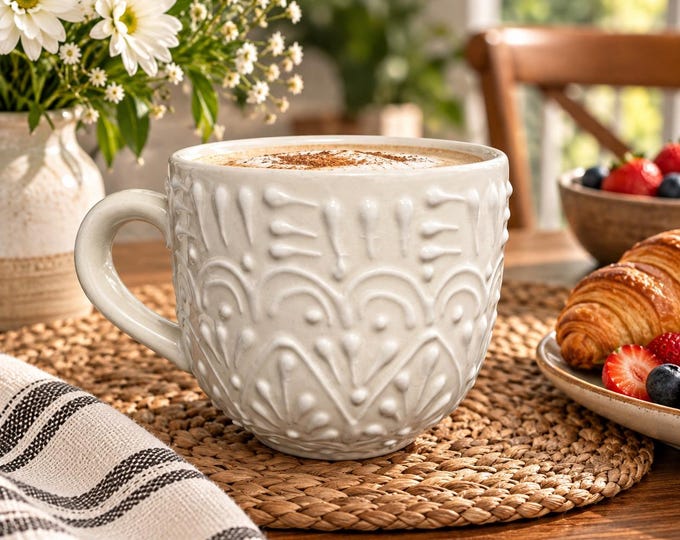2 pcs Ivory and White Ceramic Talavera Coffee Mug / Traditional Mexican Kitchenware and Utensils by Latin Nomad.