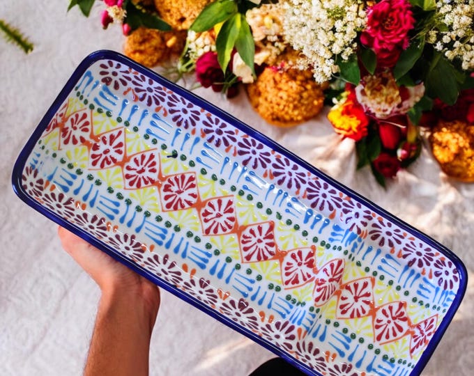 Rectangular "Evelyn" Rainbow Modern Ceramic Talavera Snack Dish Platter by Latin Nomad
