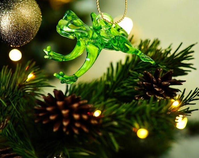 Green Rainforest Frog handblown glass art Christmas Ornaments Set of 10 pcs.