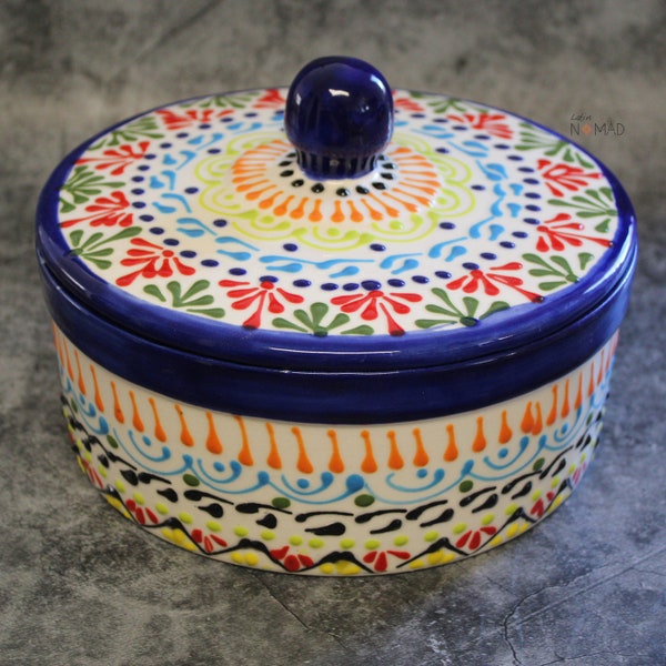 Multicolored Tortilla Warmer, Ceramic Pottery Kitchenware by Latin Nomad.