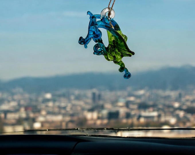 Blue and Green Dragon handblown glass art, Rear-view Mirror Car Accessories