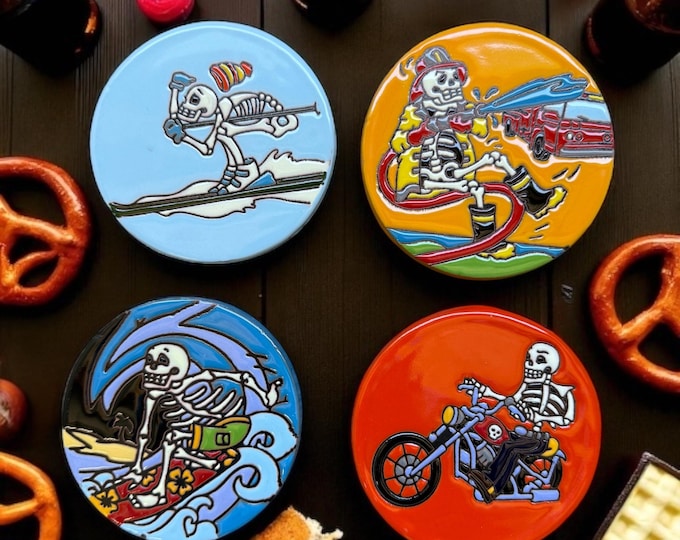 Man Hobbies Skeleton Multicolor Terracotta Coaster Set  / Traditional Mexican Kitchenware and Utensils by Latin Nomad.