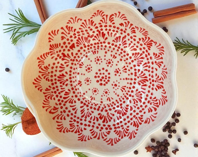 Scalloped Red Mandala Pattern Ceramic Talavera Serving Platter Kitchenware Pottery
