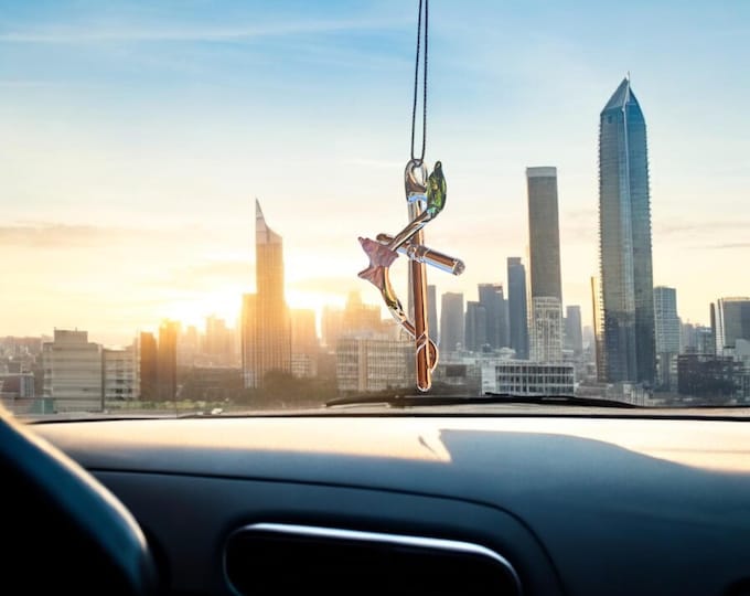 NEW Religious Cross with olive branch and a dove handblown glass art, rear-view mirror car accessories