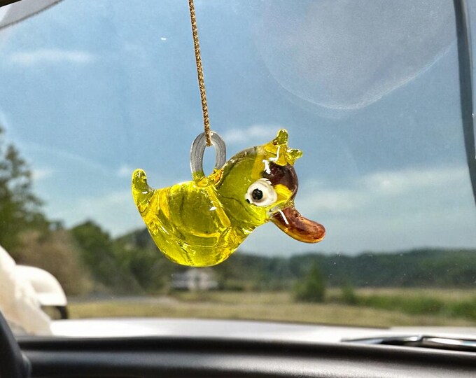 Rubber Ducky handblown glass art, Mexican handcrafted figurines and ornaments. Rear-view mirror car accessories