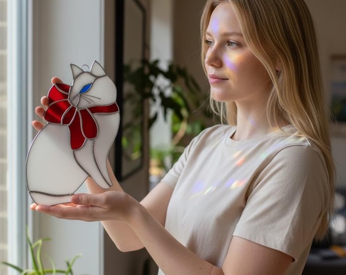 White Cat with Large Bow in Stained Glass Window Suncatcher