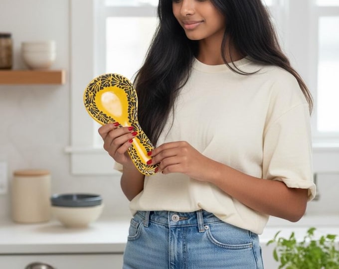 Yellow and Black Ceramic Talavera Spoon Rest / Traditional Mexican Kitchenware and Utensils by Latin Nomad.