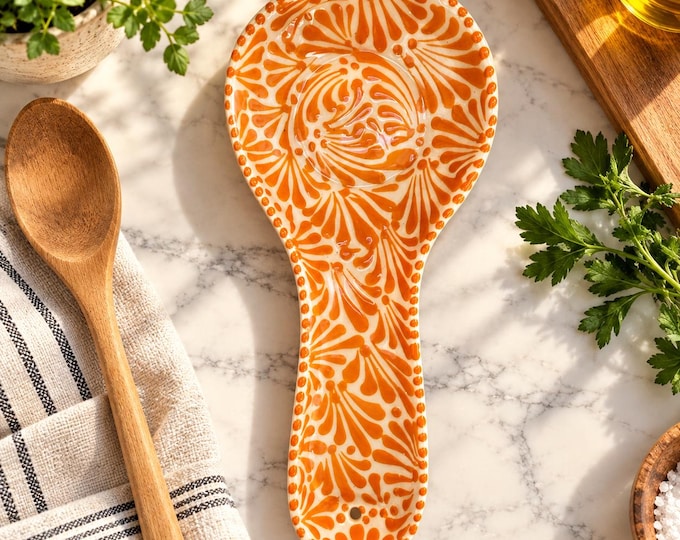 Tangerine Ceramic Talavera Spoon Rest / Traditional Mexican Kitchenware and Utensils by Latin Nomad.