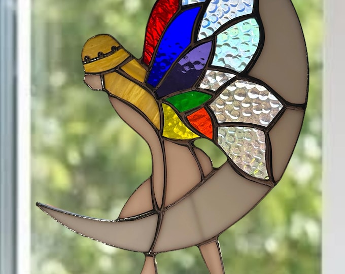 NEW Large Fairy sitting on the Moon Stained Glass Window Sun catcher Garden and Patio Decor